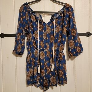 &Harmony Bohemian Paisley Romper Blue Tassel Tie Festival Vacation Outfit Size M